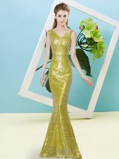  Sequined Asymmetric Sleeveless Zipper Sequins Evening Dress in Yellow