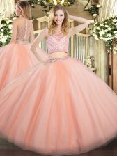  Tulle High-neck Sleeveless Zipper Beading Sweet 16 Dress in Peach