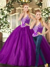 Ideal Purple Lace Up Straps Beading Quinceanera Dresses Tulle Sleeveless