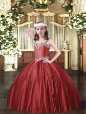  Wine Red Ball Gowns Satin Straps Sleeveless Beading Floor Length Lace Up Pageant Gowns For Girls