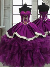  Purple Ball Gowns Sweetheart Sleeveless Satin and Organza Floor Length Lace Up Beading and Ruffles Ball Gown Prom Dress