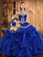  Royal Blue Organza Lace Up Sweetheart Sleeveless Floor Length Vestidos de Quinceanera Embroidery and Ruffles