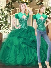 Unique Floor Length Dark Green Sweet 16 Dresses Tulle Sleeveless Beading and Ruffles