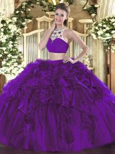  Sleeveless Floor Length Beading and Ruffles Backless Ball Gown Prom Dress with Eggplant Purple