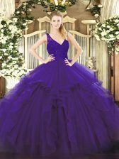 Super Purple Ball Gowns V-neck Sleeveless Organza Floor Length Backless Beading and Lace and Ruffles Ball Gown Prom Dress