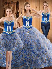 Flare Sleeveless With Train Embroidery Lace Up Quince Ball Gowns with Multi-color Sweep Train