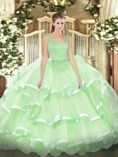 Exceptional Apple Green Organza Zipper Quinceanera Dresses Sleeveless Floor Length Beading and Ruffled Layers