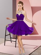 Popular Purple Empire Halter Top Sleeveless Chiffon Mini Length Zipper Beading Dress for Prom