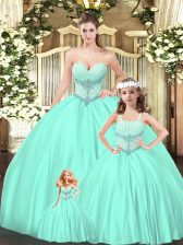 Lovely Sleeveless Tulle Floor Length Lace Up Quince Ball Gowns in Aqua Blue with Beading