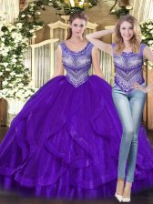 Chic Purple Scoop Lace Up Beading and Ruffles Sweet 16 Dresses Sleeveless