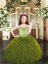  Olive Green Spaghetti Straps Lace Up Beading and Ruffles Kids Formal Wear Sleeveless