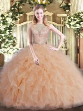  Champagne Ball Gowns Beading and Ruffles Vestidos de Quinceanera Backless Tulle Sleeveless Floor Length