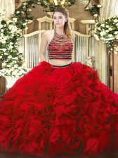 Modern Red Zipper Halter Top Beading and Ruffles Quinceanera Dresses Tulle Sleeveless