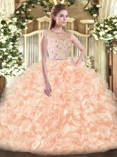 High Class Sleeveless Floor Length Beading and Ruffles Zipper Vestidos de Quinceanera with Champagne