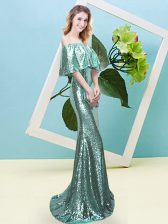  Apple Green Mermaid Off The Shoulder Half Sleeves Sequined Floor Length Zipper Sequins Prom Gown