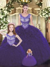  Dark Purple Ball Gowns Beading and Ruffles 15th Birthday Dress Lace Up Tulle Sleeveless Floor Length