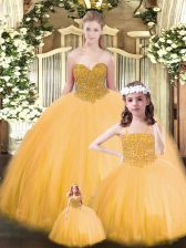Best Gold Ball Gowns Tulle Sweetheart Sleeveless Beading Floor Length Lace Up Sweet 16 Dresses