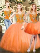 Free and Easy Orange Red Three Pieces Tulle Sweetheart Sleeveless Beading Floor Length Lace Up 15th Birthday Dress