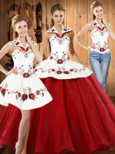 Flirting Halter Top Sleeveless Satin and Tulle Sweet 16 Quinceanera Dress Embroidery Lace Up