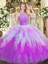 Graceful Tulle Halter Top Sleeveless Zipper Beading and Ruffles Quinceanera Gown in Multi-color