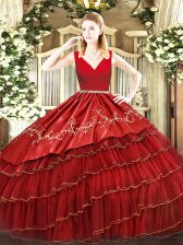 Dramatic V-neck Sleeveless Zipper Ball Gown Prom Dress Wine Red Organza