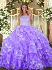 Unique Scoop Sleeveless Organza Vestidos de Quinceanera Lace and Ruffled Layers Clasp Handle