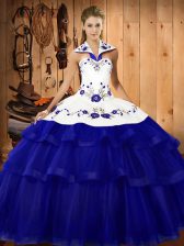 Charming Royal Blue Quinceanera Gowns Military Ball and Sweet 16 and Quinceanera with Embroidery and Ruffled Layers Halter Top Sleeveless Sweep Train Lace Up
