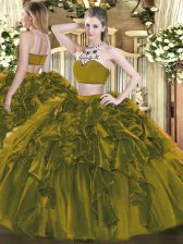 Glamorous Sleeveless Floor Length Beading and Ruffles Backless Quinceanera Gown with Olive Green