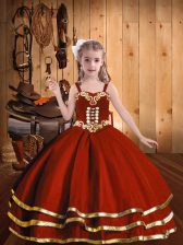  Rust Red Straps Neckline Beading and Embroidery and Ruffled Layers Girls Pageant Dresses Sleeveless Lace Up