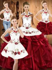  Wine Red Halter Top Lace Up Embroidery and Ruffles 15 Quinceanera Dress Sleeveless