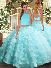 Stunning Floor Length Two Pieces Sleeveless Aqua Blue Ball Gown Prom Dress Backless
