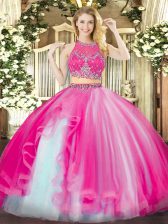 Trendy Beading and Ruffles Quinceanera Gown Hot Pink Zipper Sleeveless Floor Length