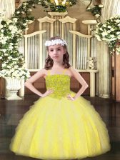 Excellent Sleeveless Floor Length Beading and Ruffles Lace Up Little Girl Pageant Gowns with Yellow