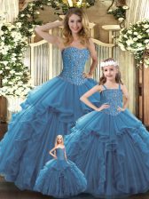 Gorgeous Teal Lace Up Sweetheart Beading and Ruffles Quinceanera Dresses Organza Sleeveless