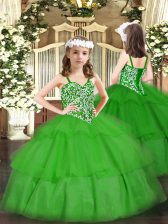  Green Lace Up Little Girls Pageant Dress Wholesale Beading and Ruffled Layers Sleeveless Floor Length