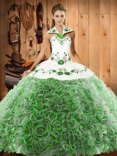 Extravagant Multi-color Lace Up Halter Top Embroidery Sweet 16 Dress Organza and Fabric With Rolling Flowers Sleeveless Sweep Train