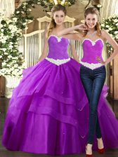  Floor Length Purple 15 Quinceanera Dress Tulle Sleeveless Beading and Ruching