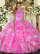  Floor Length Backless Ball Gown Prom Dress Rose Pink for Military Ball and Sweet 16 and Quinceanera with Beading and Ruffles
