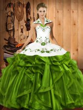 Custom Made Floor Length Lace Up Quinceanera Gowns Olive Green for Military Ball and Sweet 16 and Quinceanera with Embroidery and Ruffles