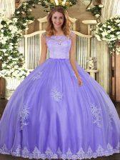 Sophisticated Floor Length Clasp Handle Quinceanera Gown Lavender for Military Ball and Sweet 16 and Quinceanera with Lace and Appliques
