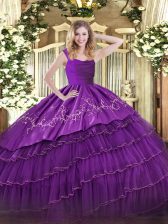 Custom Design Embroidery and Ruffled Layers Quinceanera Dress Eggplant Purple Zipper Sleeveless Floor Length