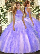 Unique Lavender Ball Gowns Organza Halter Top Sleeveless Beading and Ruffles Floor Length Backless Quinceanera Dress