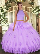 Custom Designed Lavender Two Pieces Halter Top Sleeveless Tulle Floor Length Backless Beading and Appliques and Ruffles Sweet 16 Dress