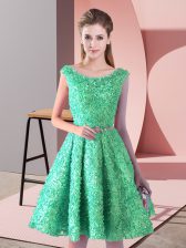 Dazzling Sleeveless Lace Knee Length Lace Up Prom Dresses in Turquoise with Belt