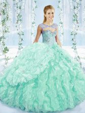  Sweetheart Sleeveless Organza Quinceanera Dresses Beading and Ruffles Brush Train Lace Up