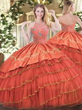 On Sale Satin and Organza Sleeveless Floor Length Sweet 16 Dress and Beading and Embroidery and Ruffles