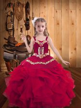 Fashionable Red Sleeveless Floor Length Embroidery and Ruffles Lace Up Little Girls Pageant Dress Wholesale