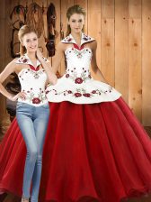 Enchanting White And Red Sleeveless Embroidery Floor Length Quinceanera Dresses