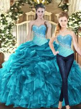  Aqua Blue Tulle Lace Up Sweetheart Sleeveless Floor Length Quinceanera Dress Beading and Ruffles