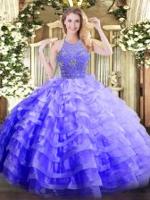 Beauteous Lavender Organza Zipper Sweet 16 Dress Sleeveless Floor Length Beading and Ruffled Layers